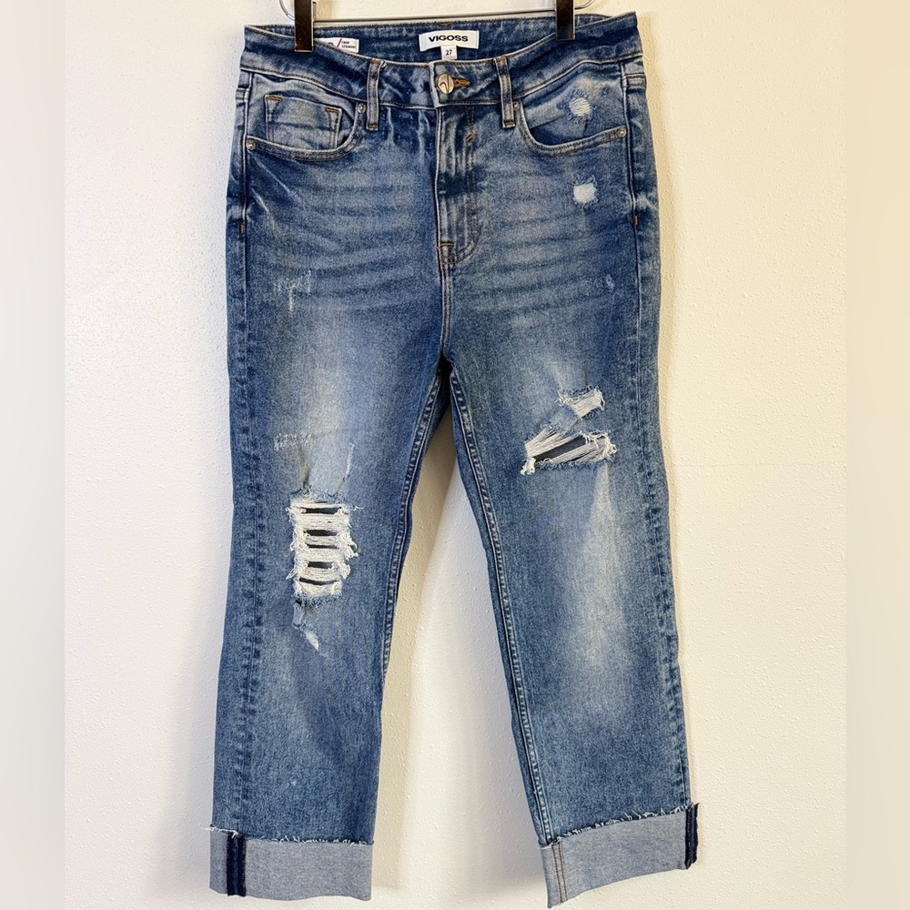 VIGOSS Distressed Straight Leg Crop Jeans Mid Rise Cuffed Denim 27
